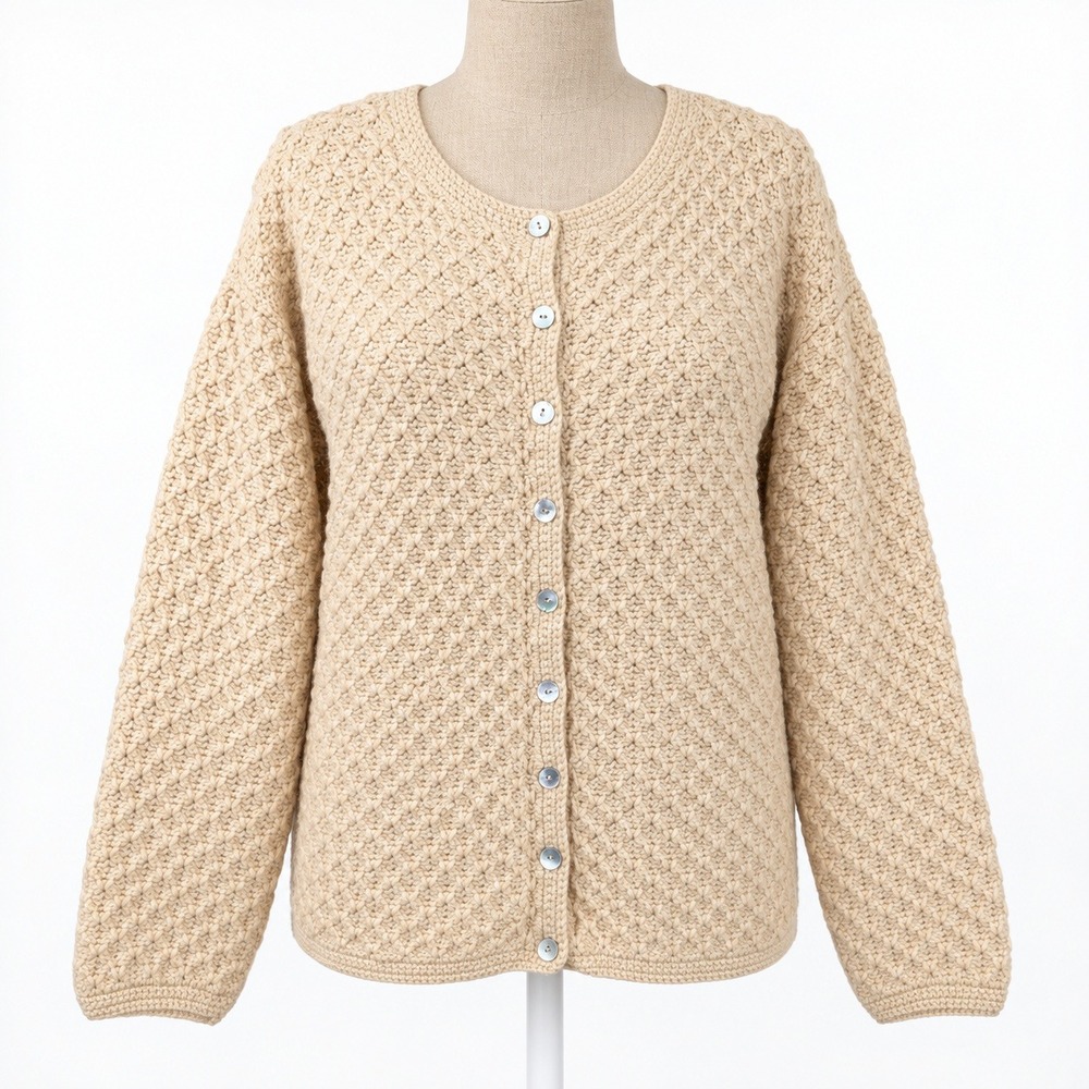 Vintage 90s Hand Knit Wool Button Cardigan Size 2X Cream Chunky Cottagecore Warm